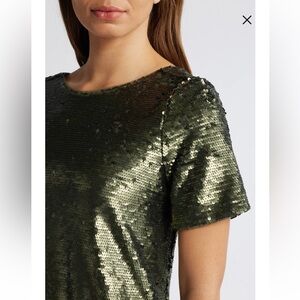 Anne Klein Shimmering Sequin Short Sleeve Top - Olive